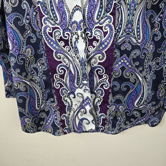 Chico's Purple Paisley No Iron Cotton Hidden Buttons Tunic Boho Chic Preppy M - Picture 11 of 11